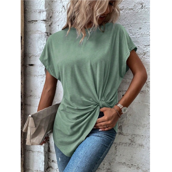 Twist Detail Green Tee Shirt Short Sleeve Round Neck - Picture 5 of 13